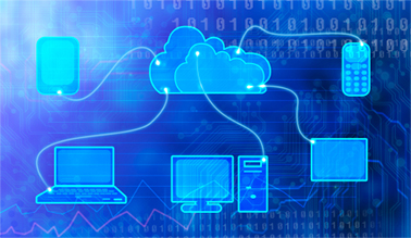 Products and Services, A photo of various devices connecting to the cloud, with a blue background.